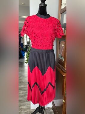 Red Lace Top & Colorblock Pleated Midi Dress - Elegant Day-to-Evening Wear